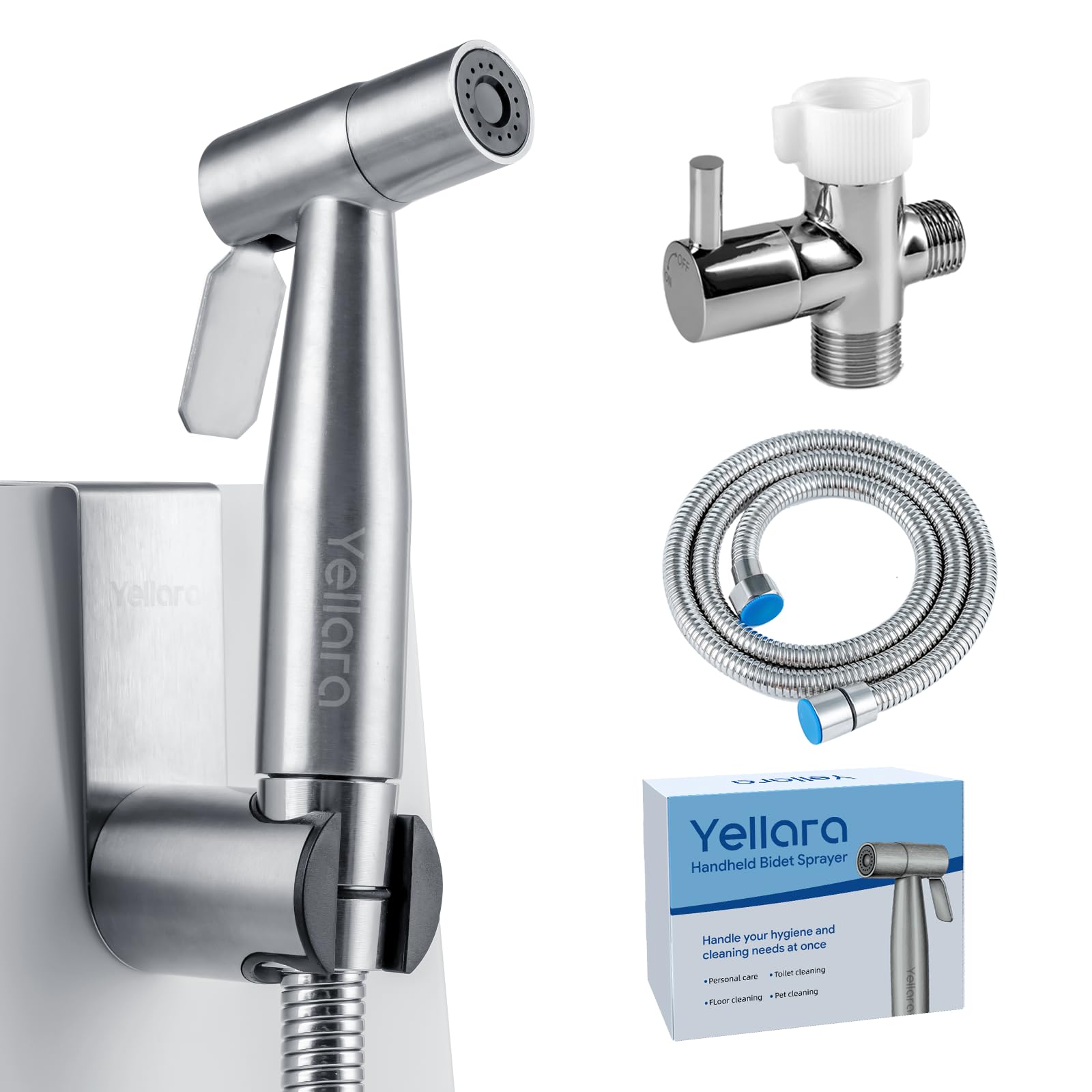 Yellara handheld bidet sprayer in stainless steel for durable, hygienic cleaning.