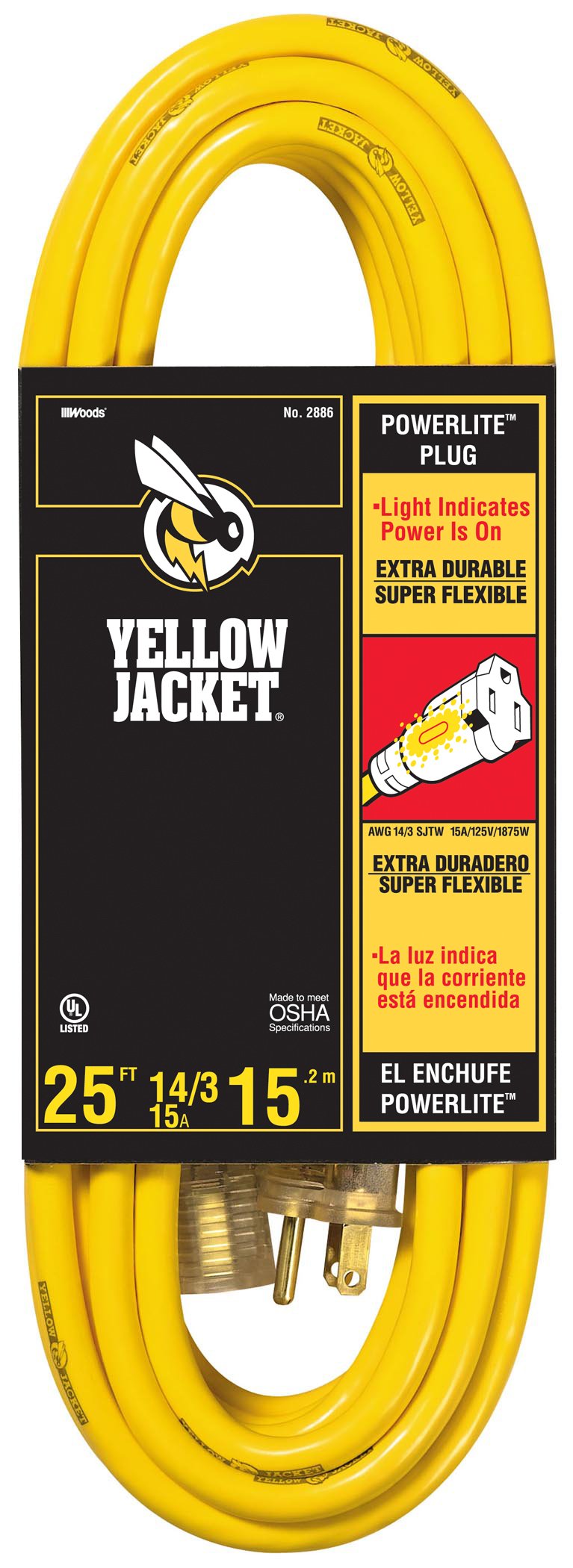 Yellow Jacket 25ft extension cord with lighted end for safer outdoor operation