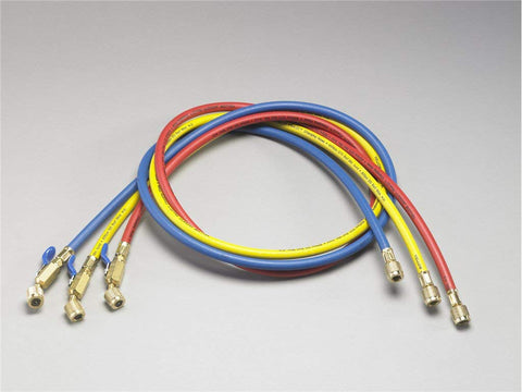 Yellow Jacket Plus II quarter-inch hose with compact ball valve end for high-pressure refrigerant service.