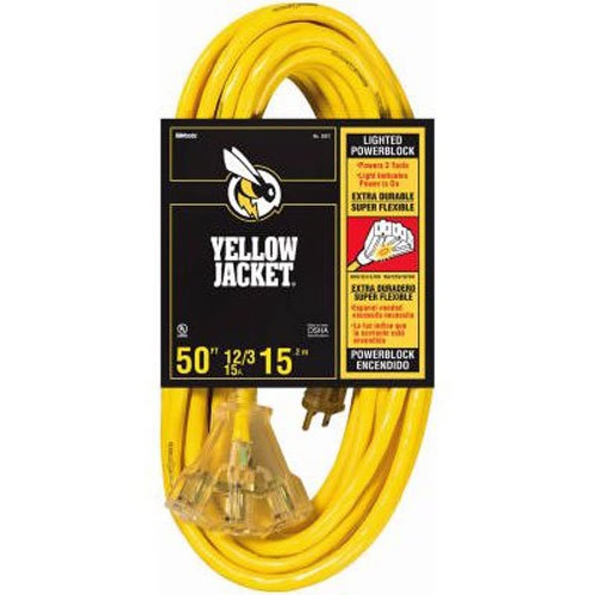 Yellow Jacket Southwire outdoor extension cord 50 ft for heavy-duty work and easy visibility.