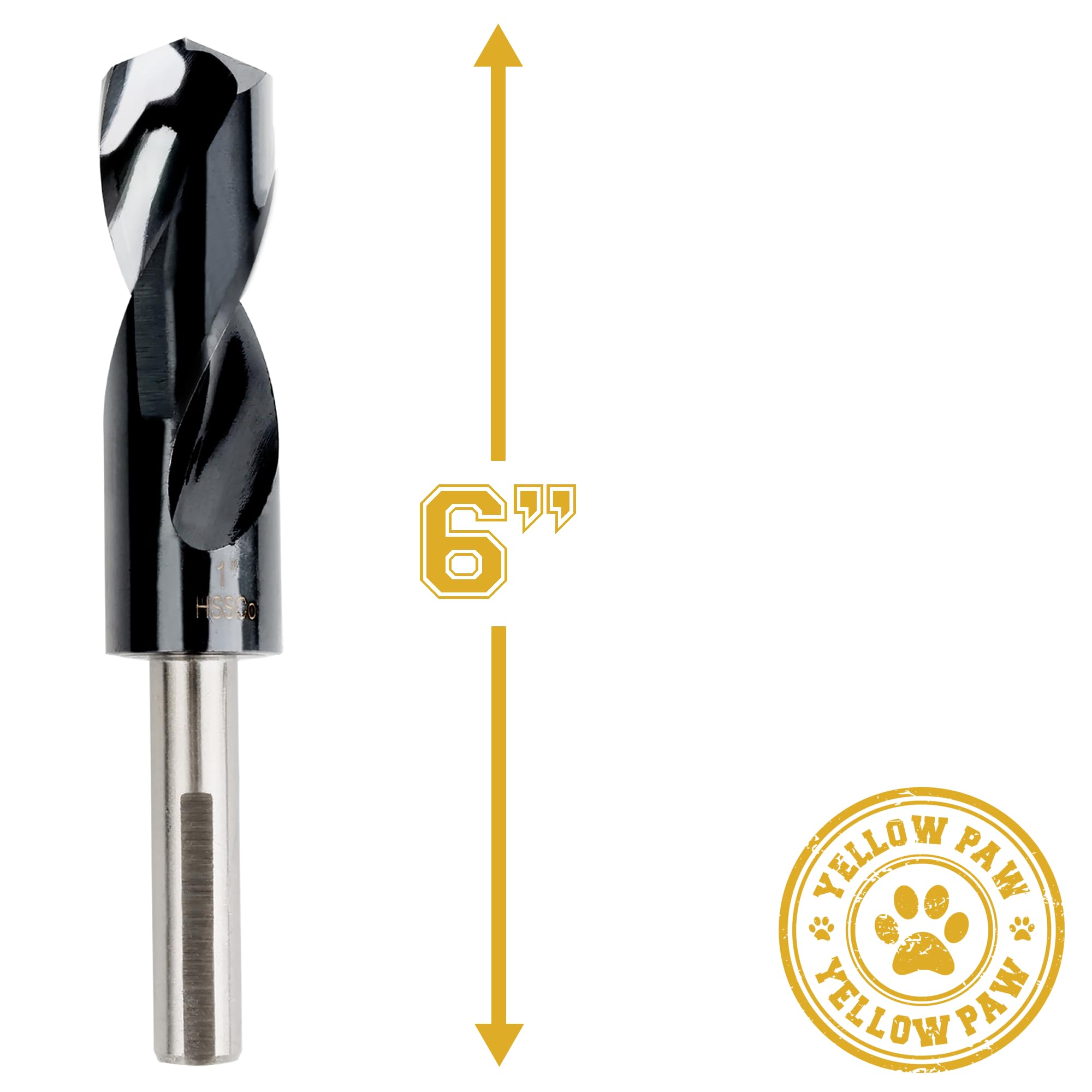 Yellow Paw drill bit shown at 6 inch length for versatile metal projects.