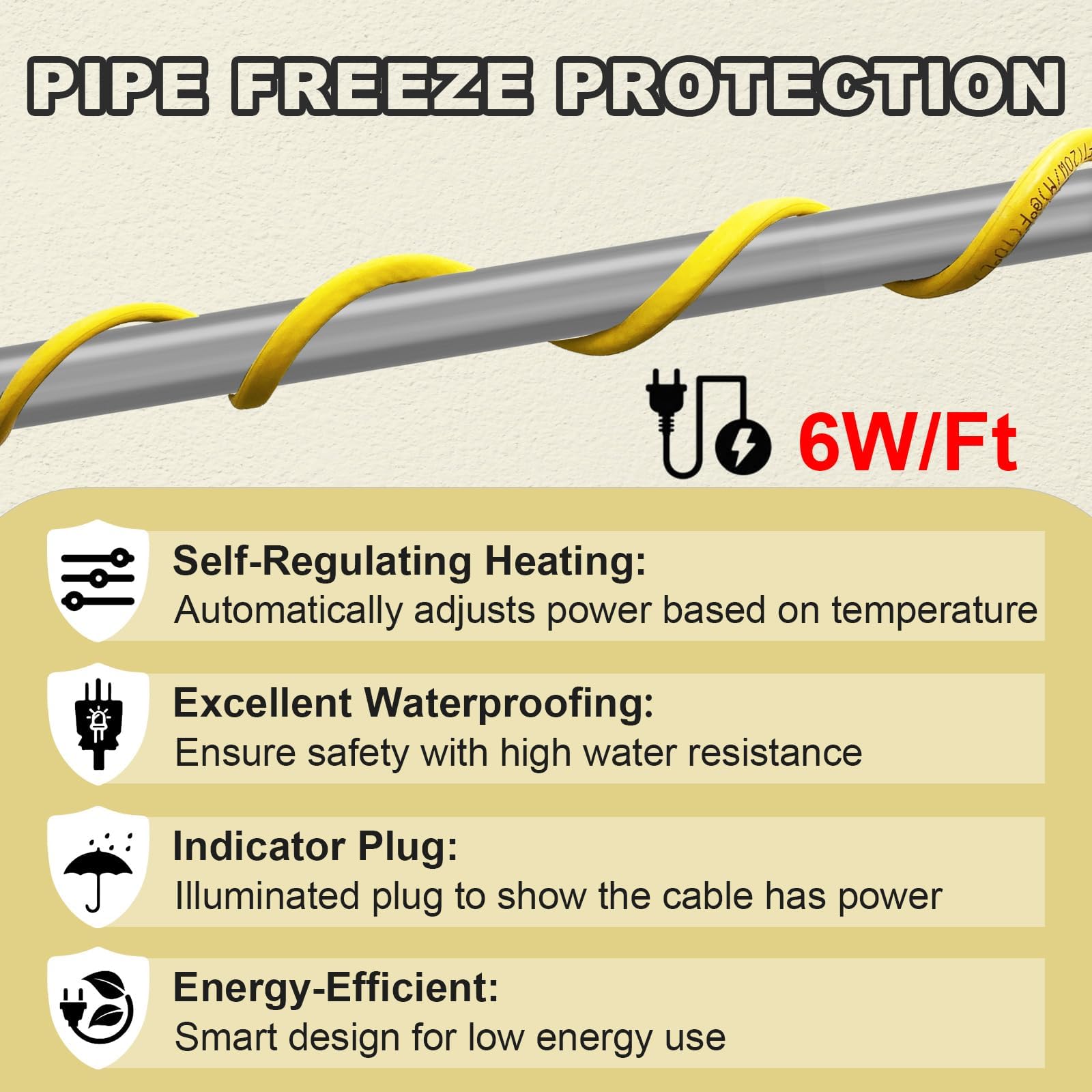 YeloDeer heat tape covering pipes up to 2 inches in diameter.
