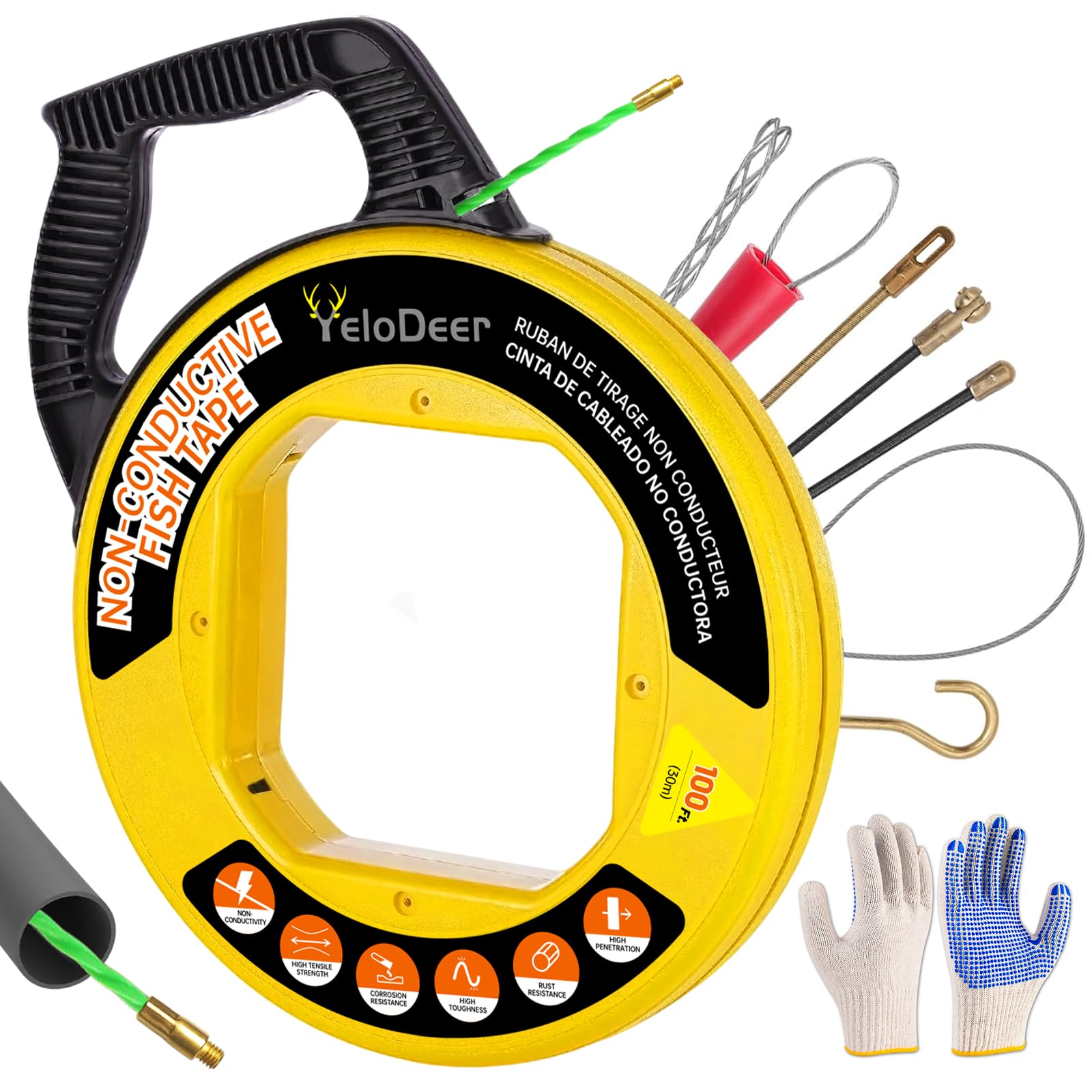 Yelodeer fish tape 100 ft with 4.5 mm diameter for smooth pulls through walls and conduits.