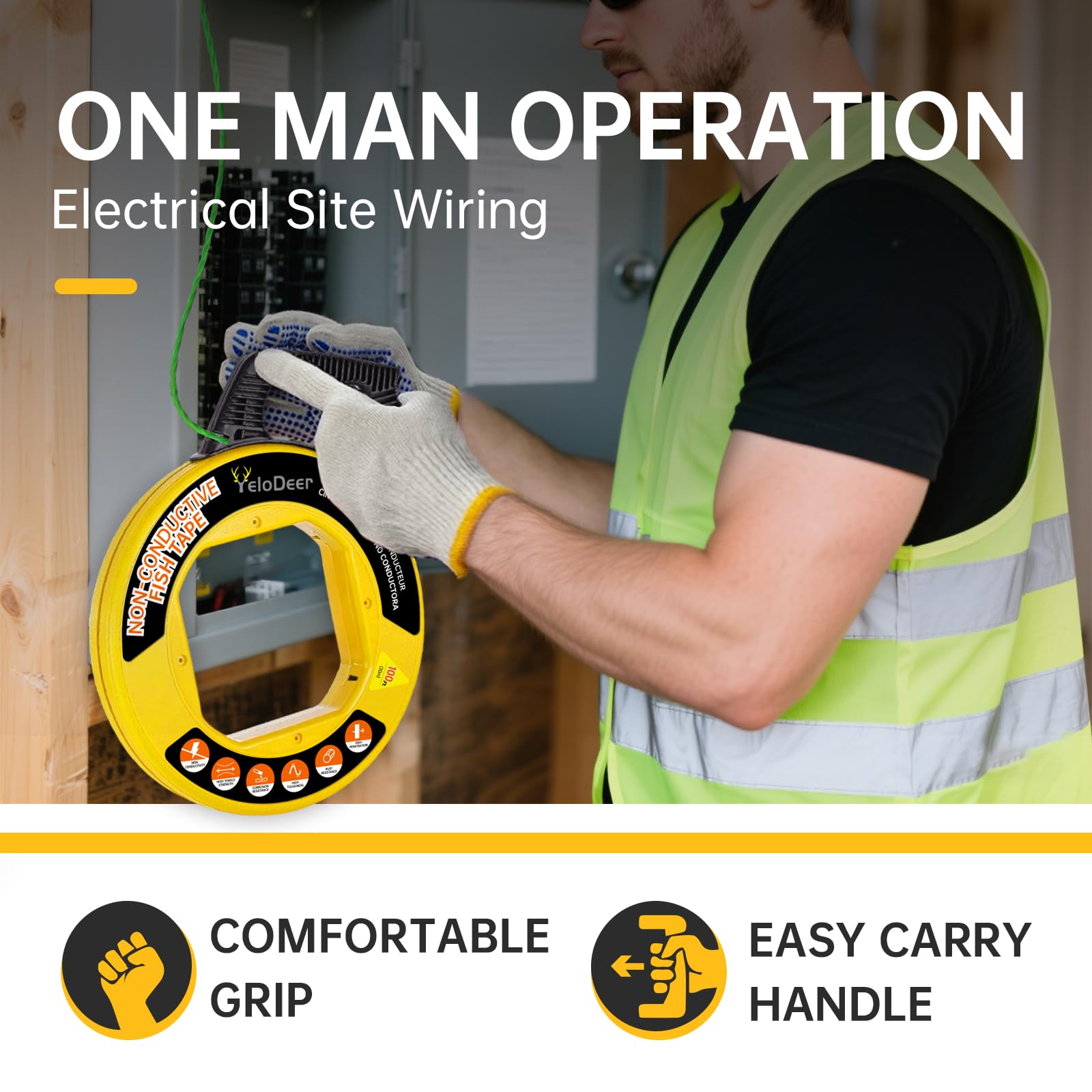Yelodeer rugged case protects the tape from drops on busy job sites.