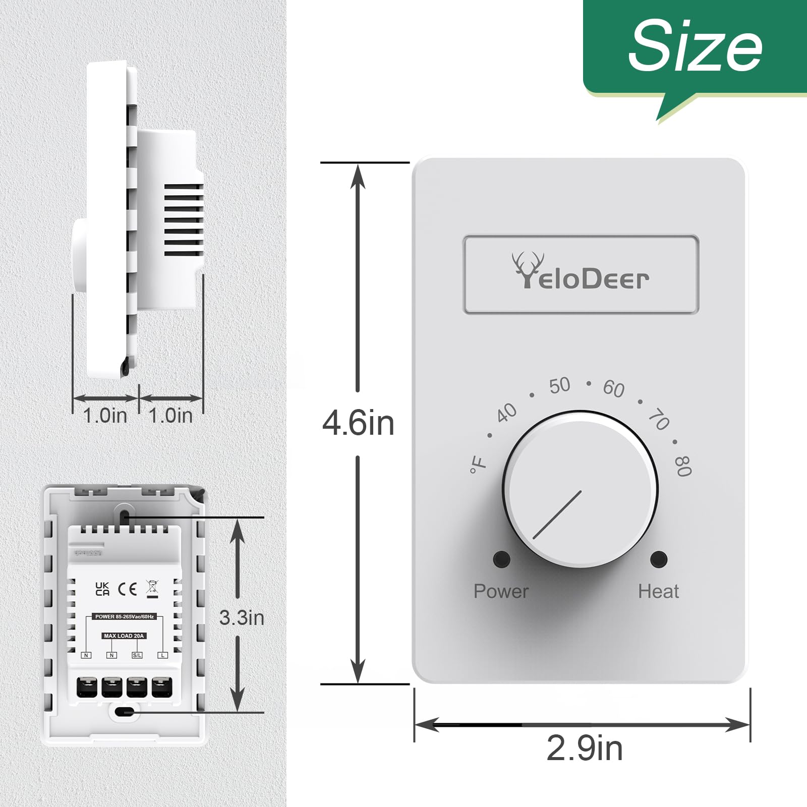 YeloDeer wall-mount thermostat shown with baseboard heater setup.