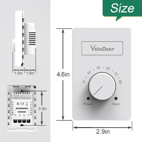 YeloDeer wall-mount thermostat shown with baseboard heater setup.