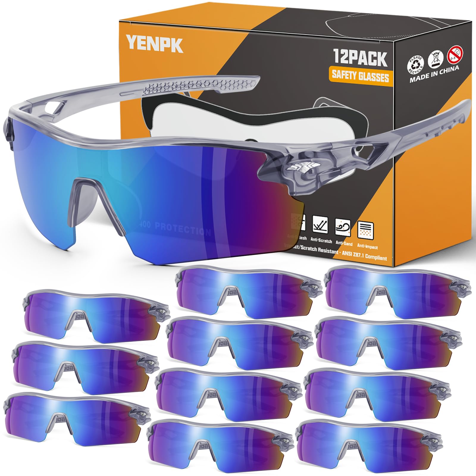 YENPK safety glasses with blue mirror lenses protect eyes from UV rays and glare