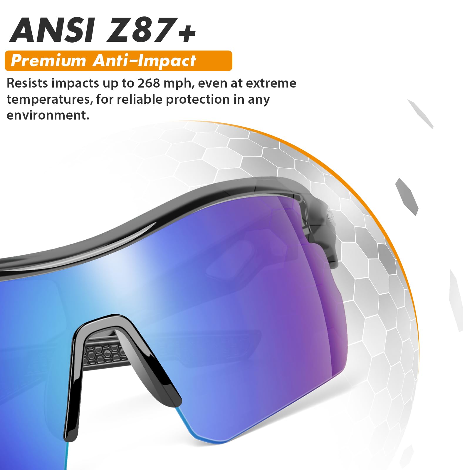 YENPK safety glasses lens close-up emphasizes anti-scratch clarity and UV protection.
