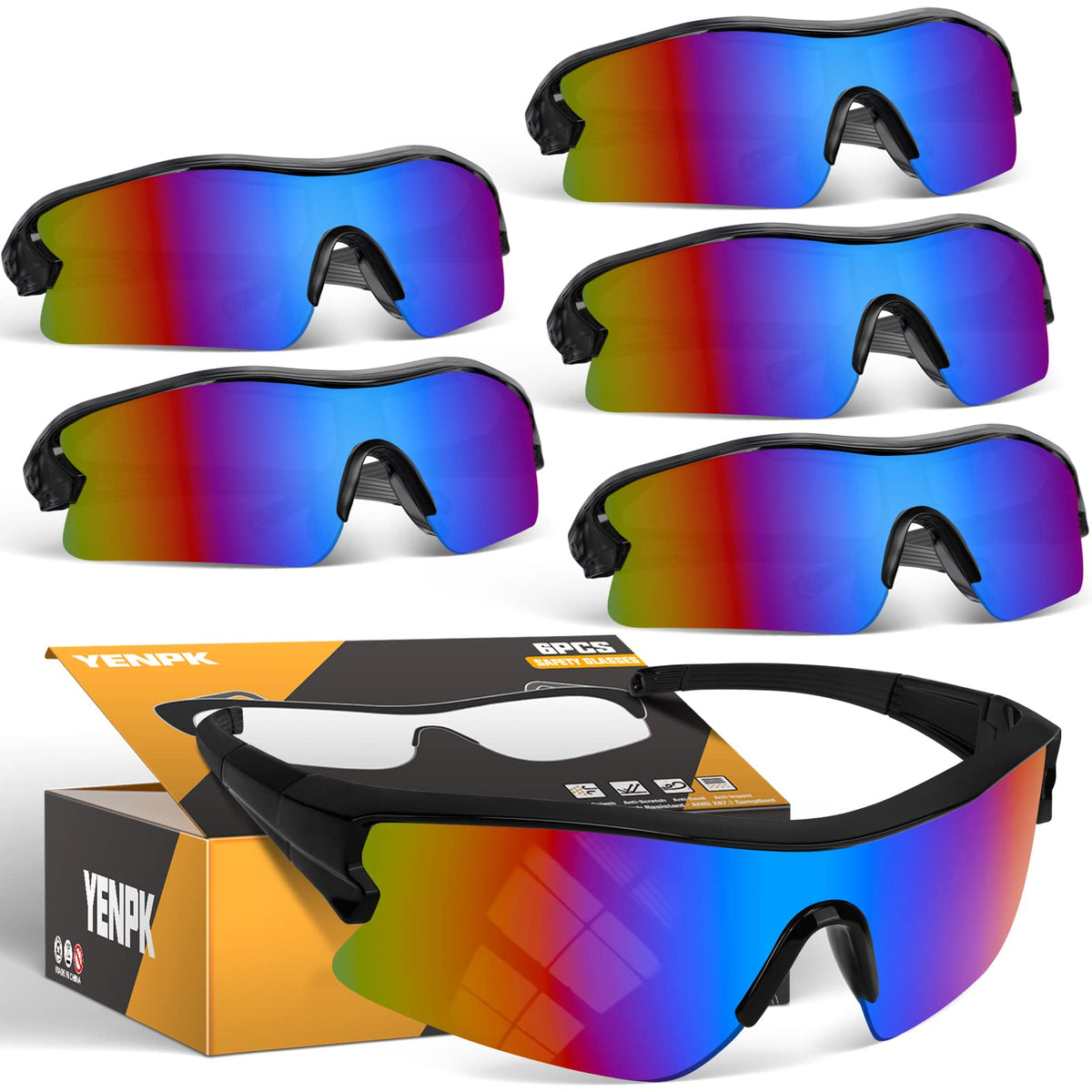 YENPK safety glasses multicolor front view with wraparound lenses for full eye protection.