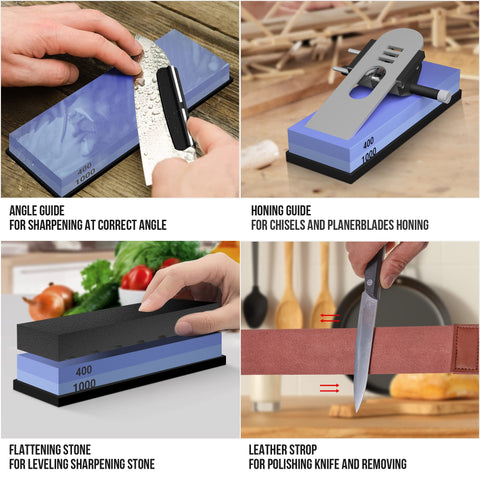 YeopAsda flattening stone and honing guide maintain uniform sharpening surfaces.