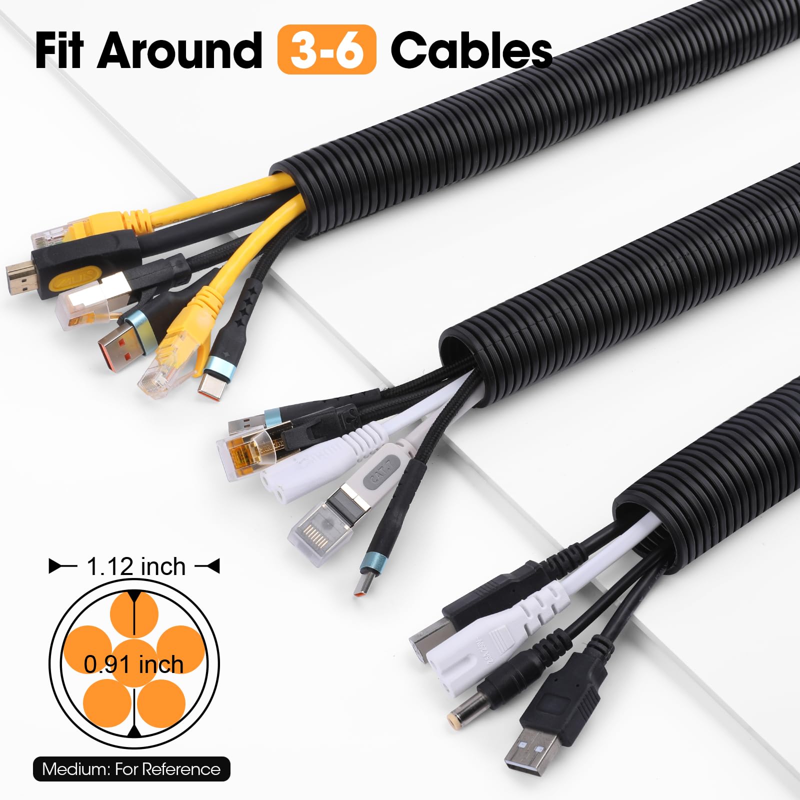 YesBes 40ft split wire loom, black slit opening showing easy wire insertion.