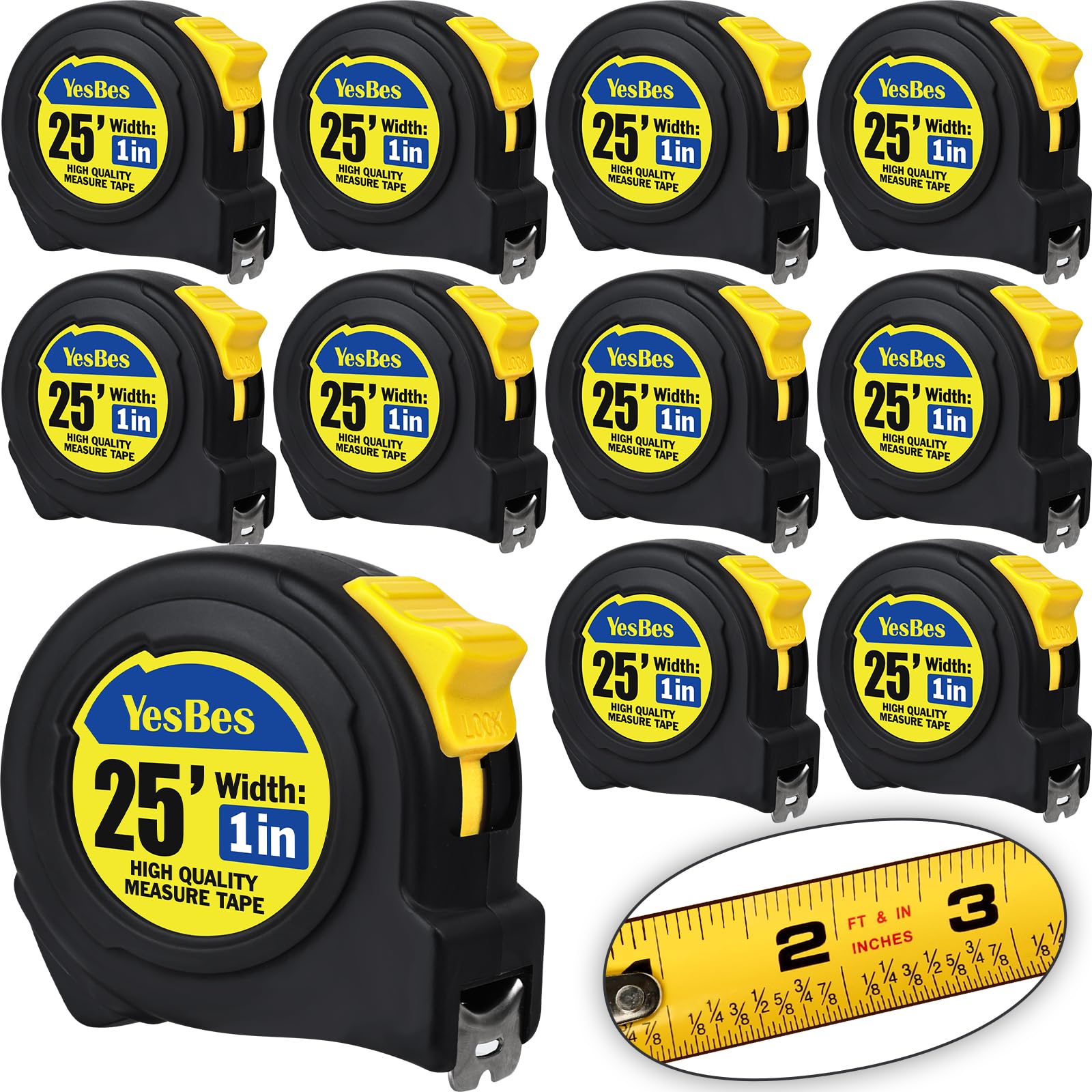 YesBes 25ft tape measure with 1/8 inch fractions for quick, accurate readings