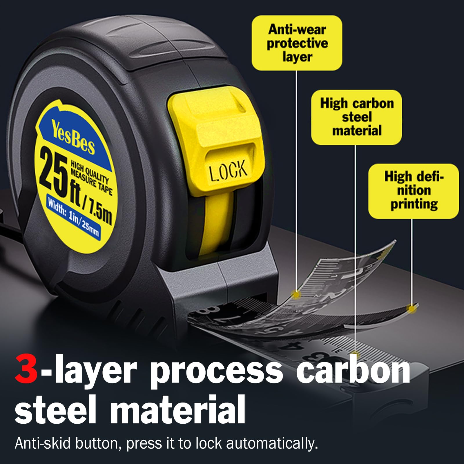 YesBes tape measure 25 ft lock button demonstrates simple blade locking.
