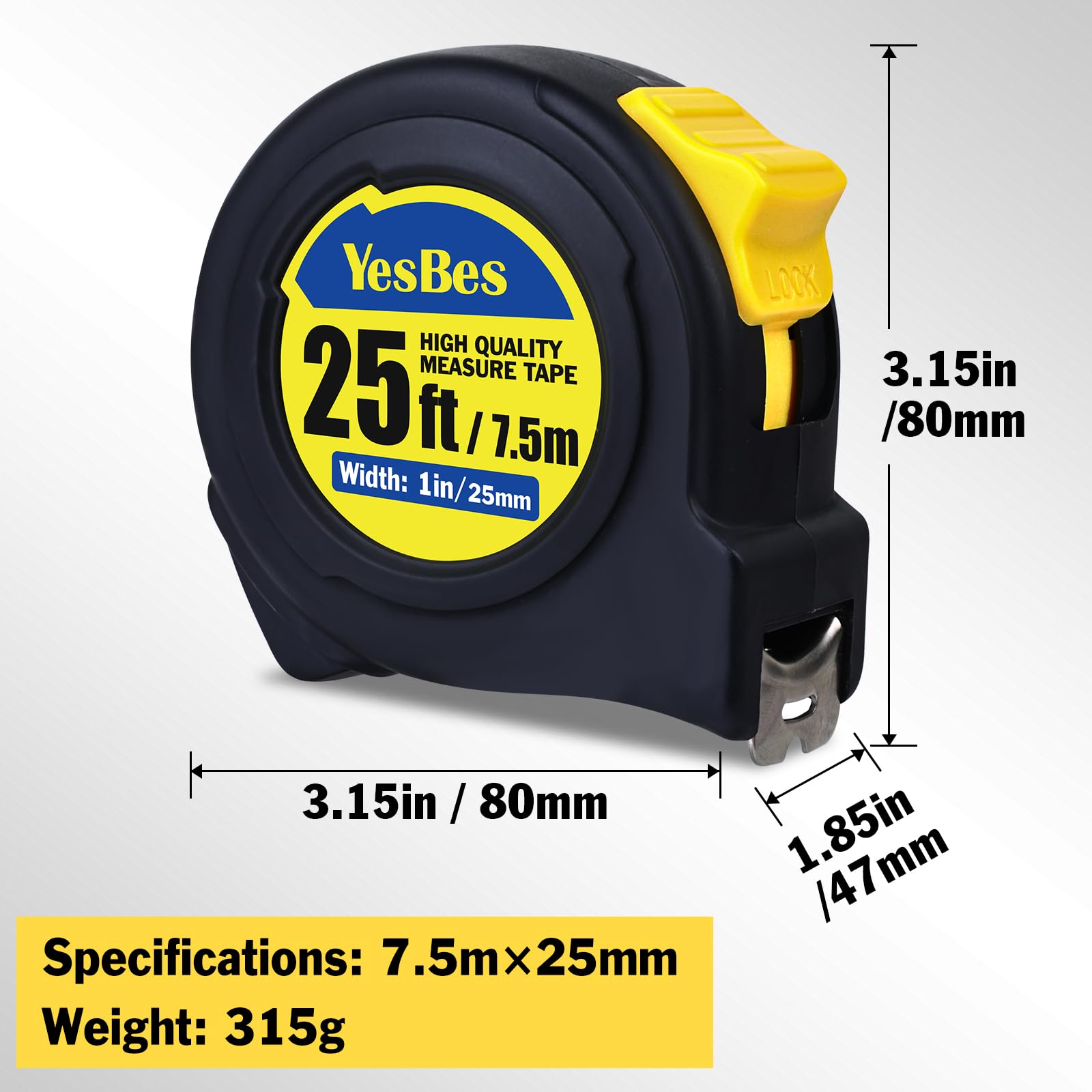 YesBes tape measure 25 ft robust materials withstand occasional drops.