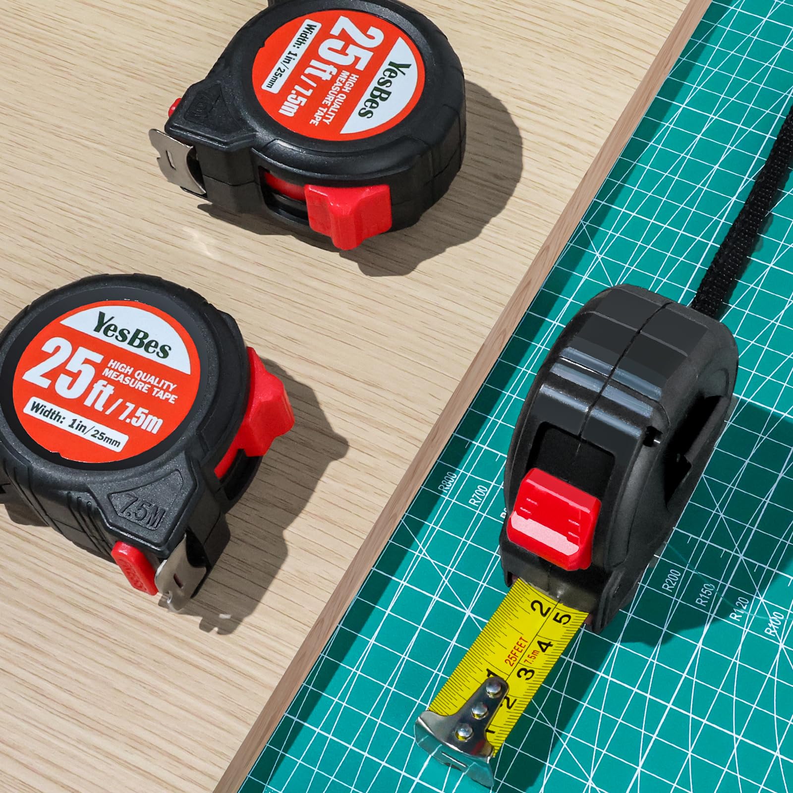 YesBes tape measure 25ft retractable blade enables smooth locking and one-handed use.