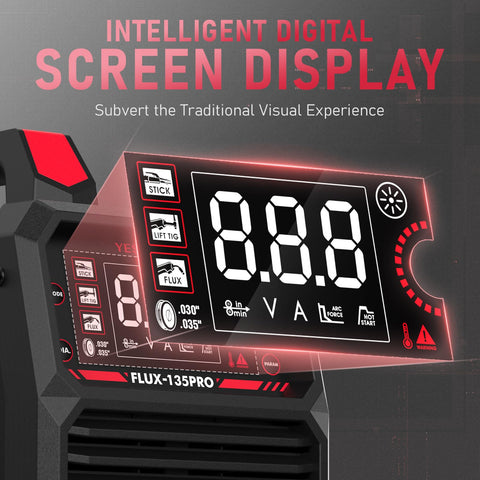 YesWelder 135A MIG welder control panel with digital display for precise settings.