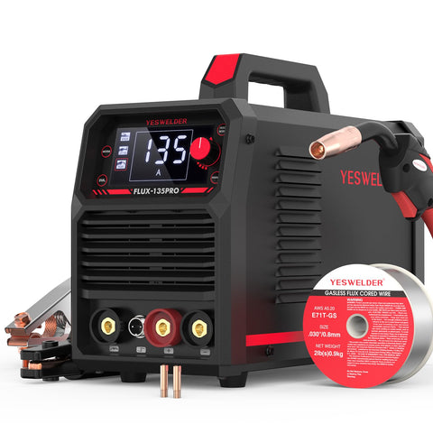 YesWelder 135A MIG welder front view, portable and ready for on-site projects.
