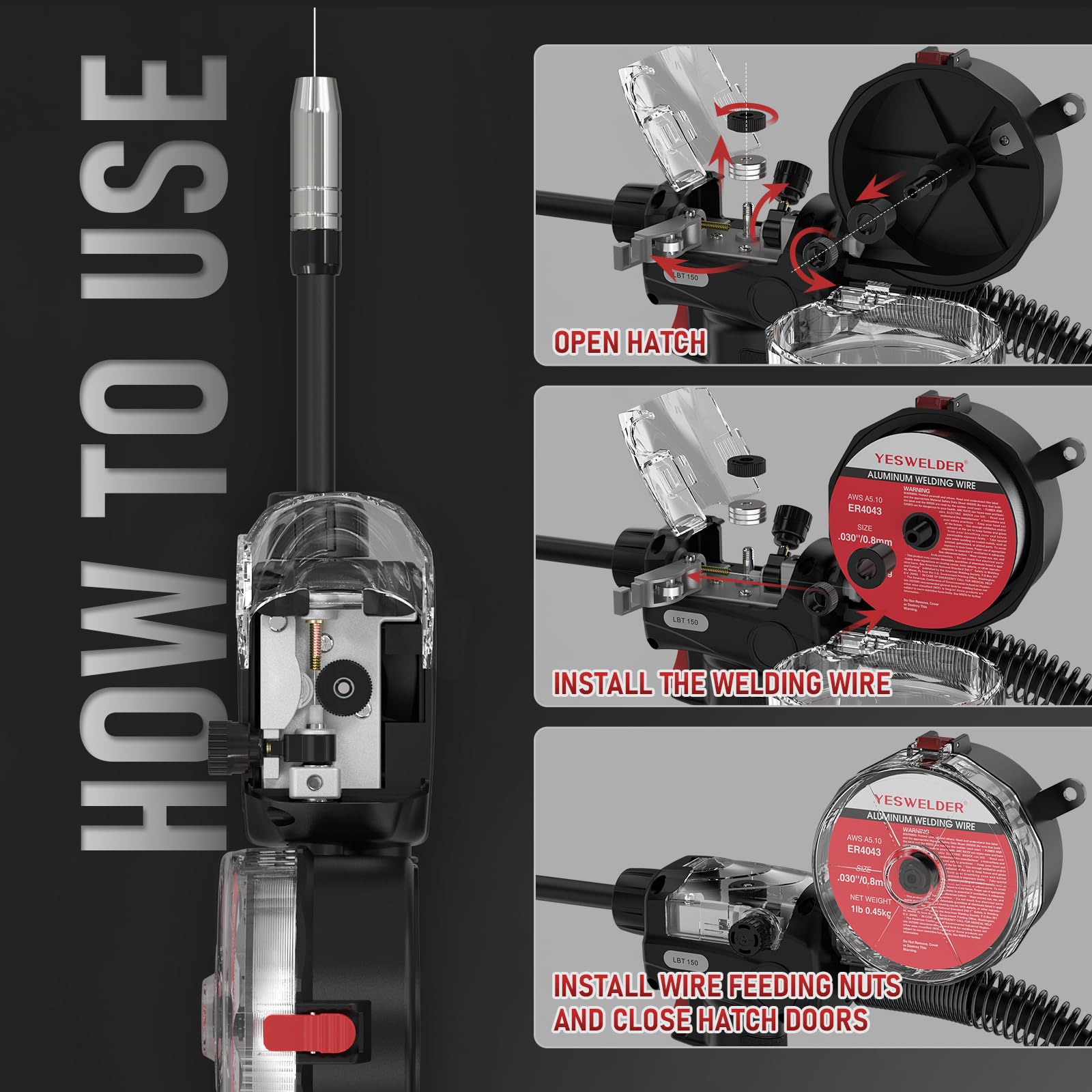 YESWELDER 150A Spool Gun with 10ft cable and European connector for versatile setups.