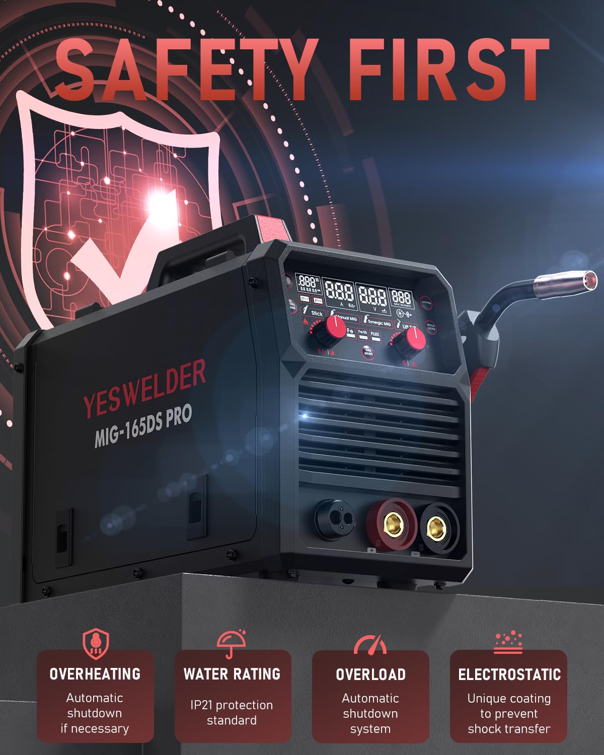 YESWELDER 165DS PRO control panel emphasizes intuitive user interface and settings