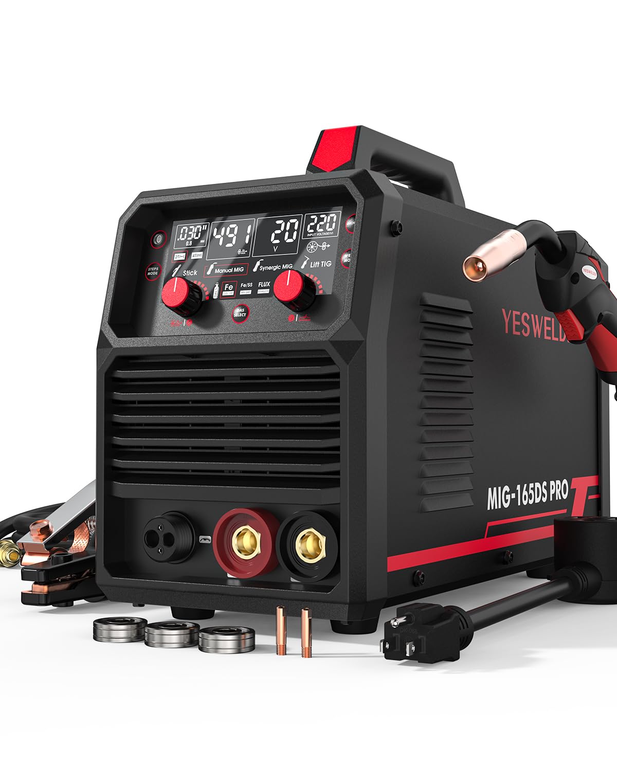 YESWELDER 165DS PRO front view highlights compact 4-in-1 versatility for on-site or shop use