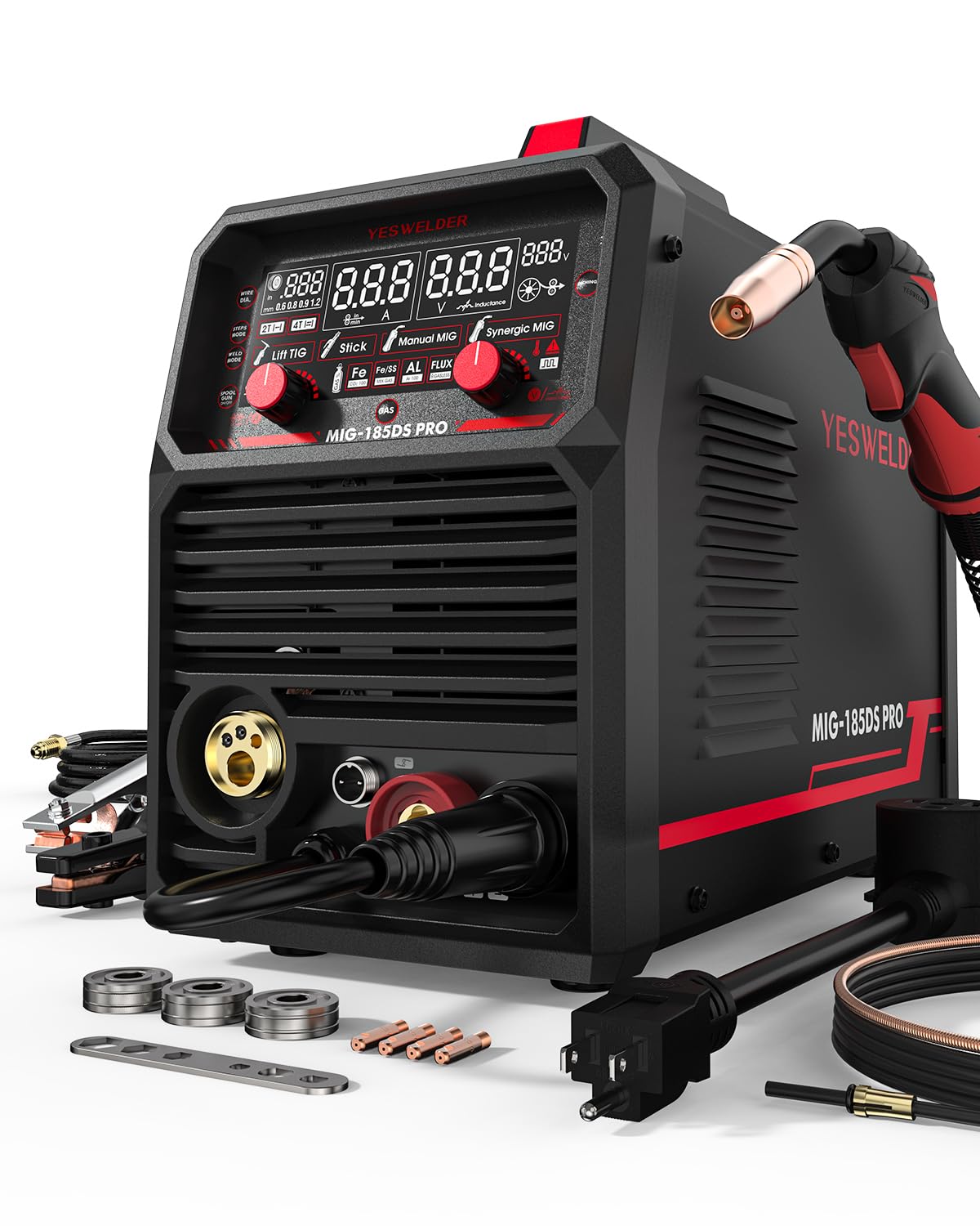 YESWELDER 185A MIG Welder front view highlighting compact size and dual voltage capability