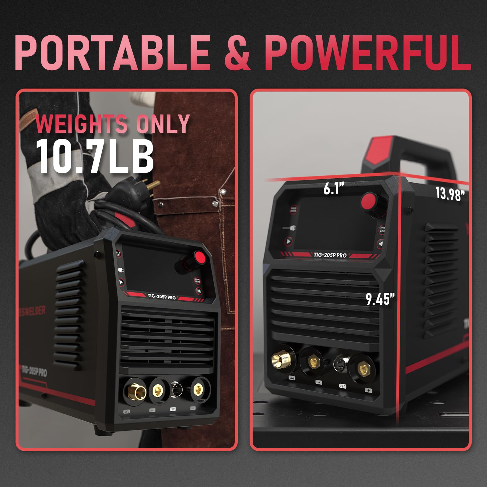 YesWelder 205A foot pedal interface preview supports precise current control.
