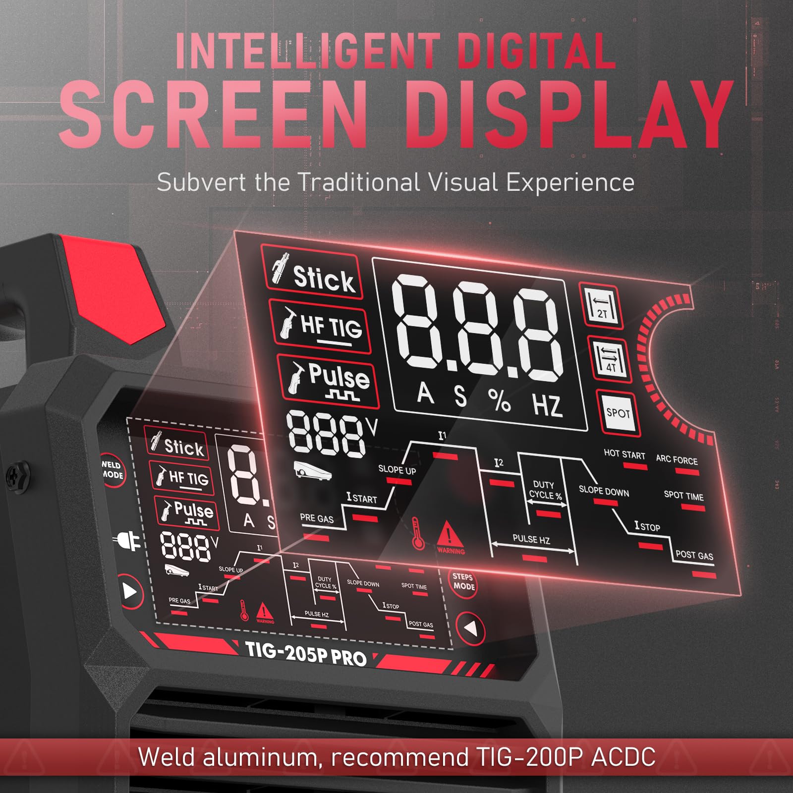 YesWelder 205A pulse TIG control panel enables fine-tuned pulse settings for thin metals.