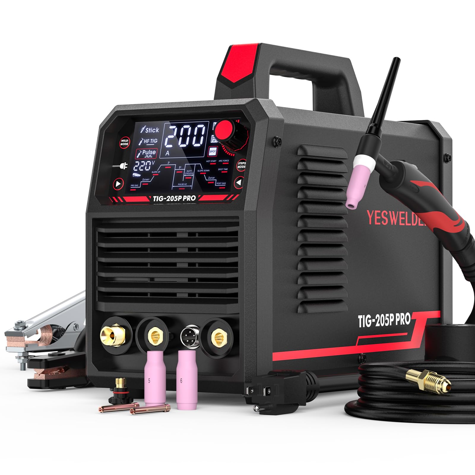 YesWelder 205A TIG welder with large LED display shows parameters clearly for precise welding.