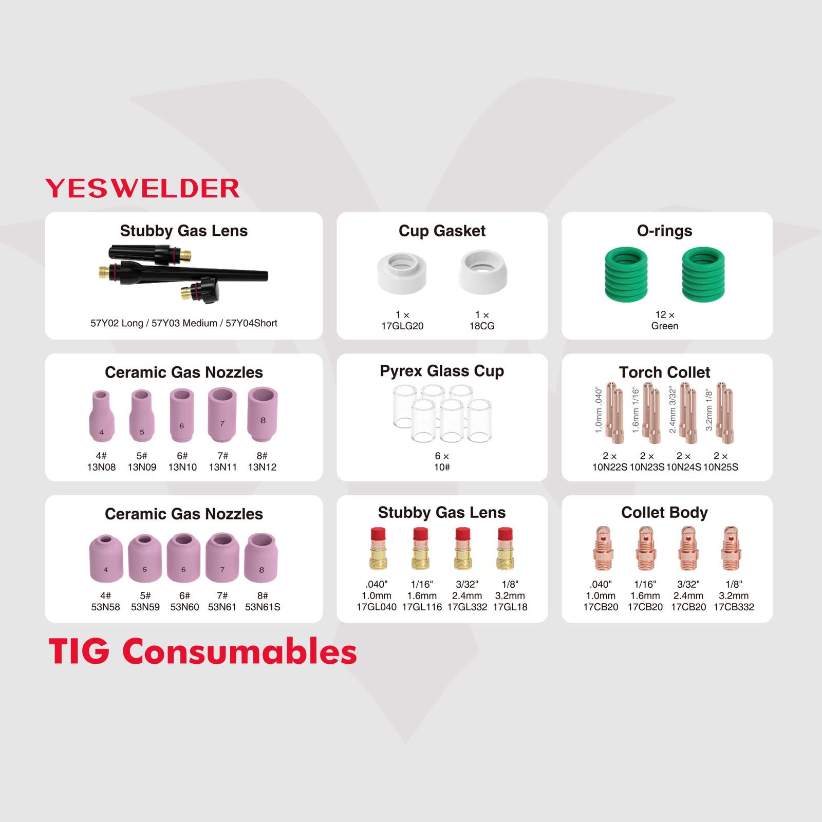YESWELDER 49Pcs TIG kit contents laid out for WP-17/18/26 compatibility.