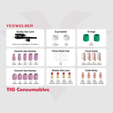 YESWELDER 49Pcs TIG kit contents laid out for WP-17/18/26 compatibility.