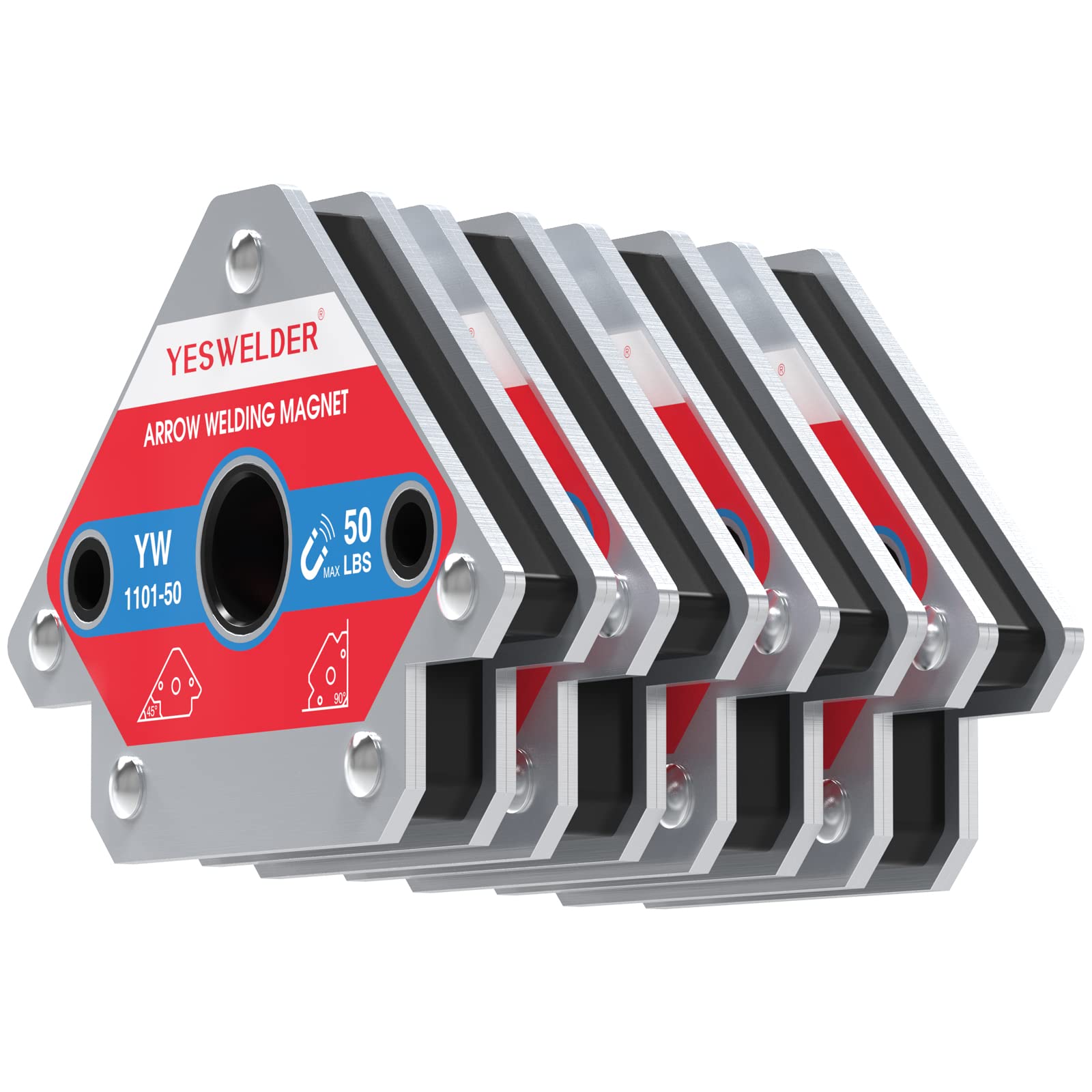 YESWELDER 50 lb welding magnet four-pack showing strong holding force for stable setups