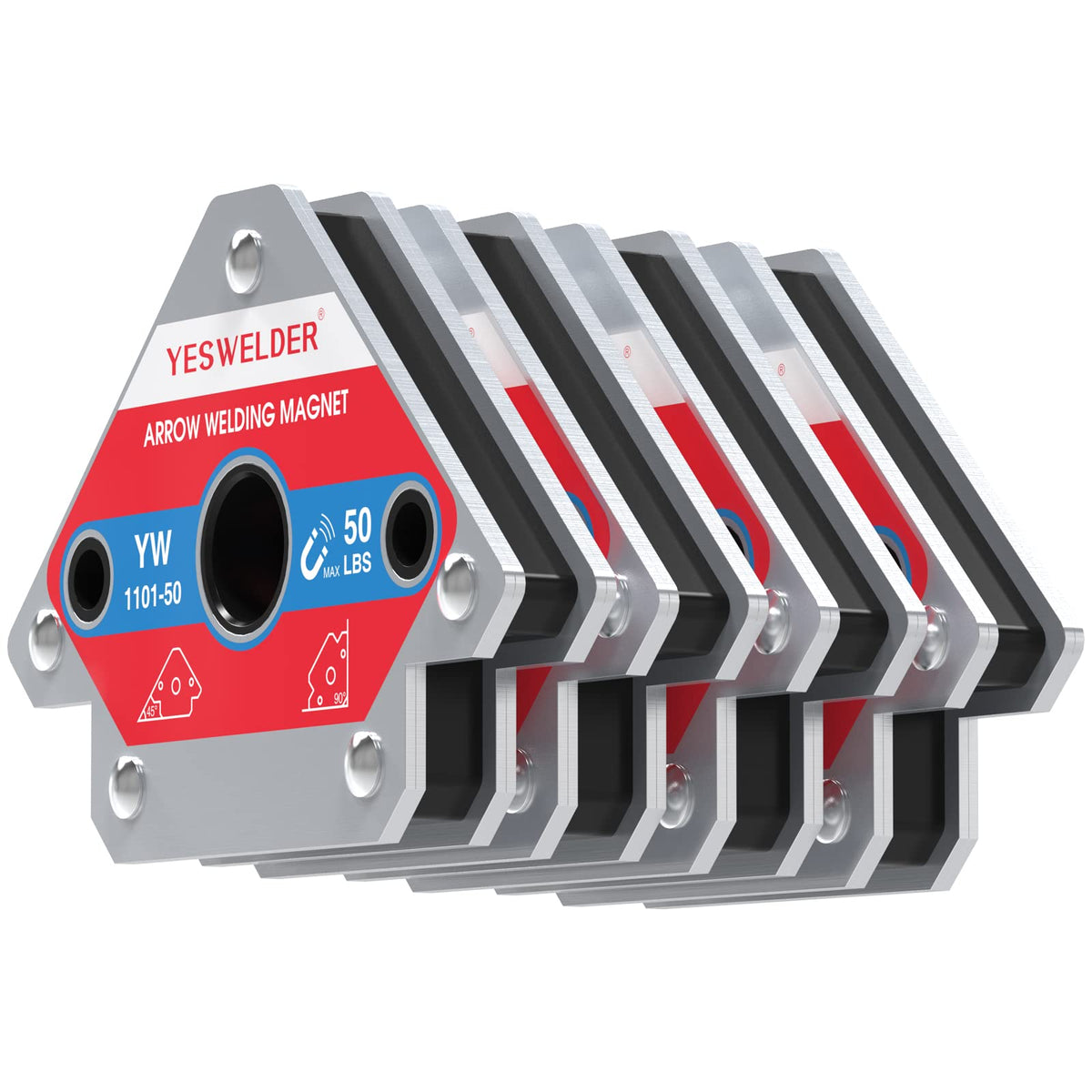 YESWELDER 50 lb welding magnet four-pack showing strong holding force for stable setups