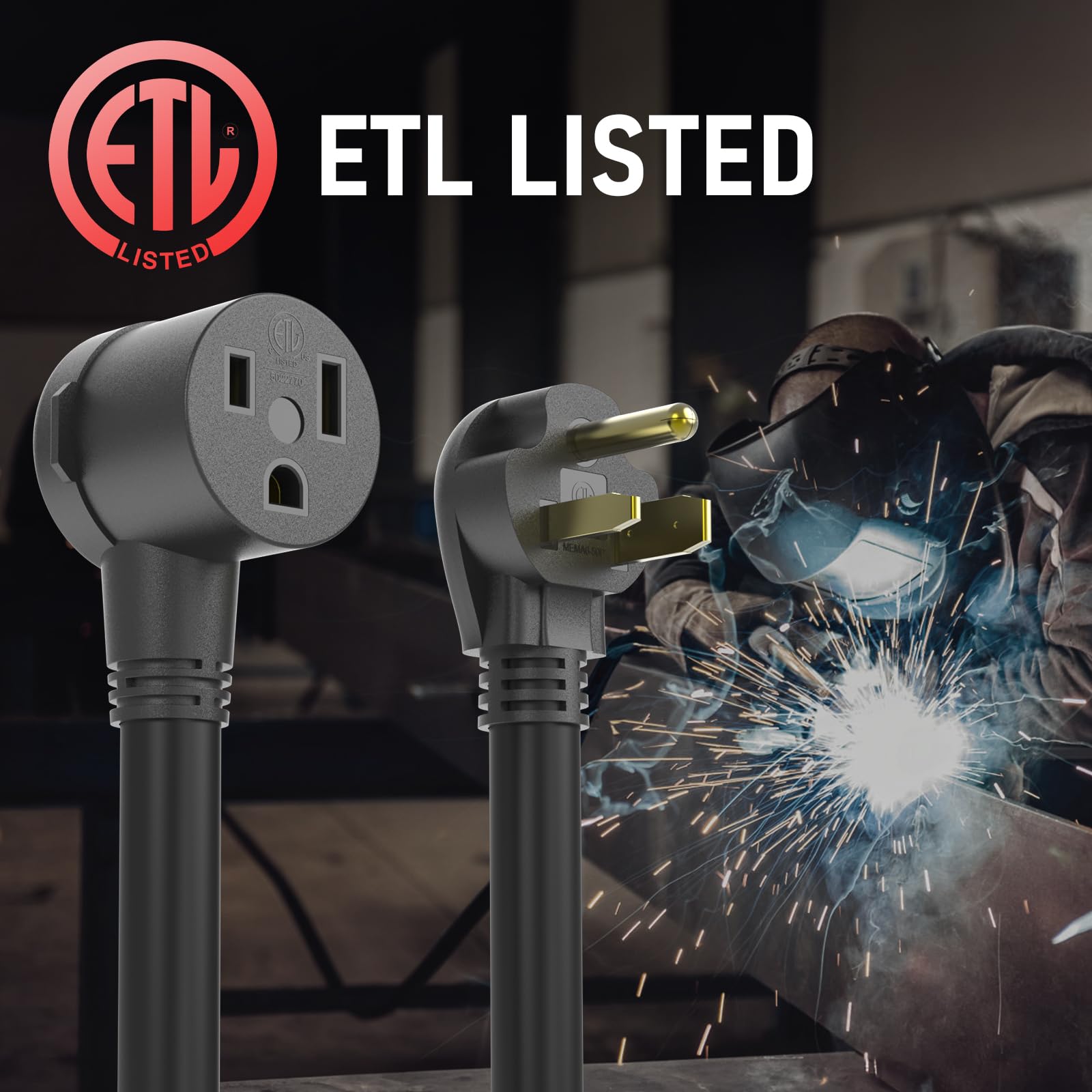 YESWELDER 6-50P to 6-50R connector close-up, rugged for outdoor welding.