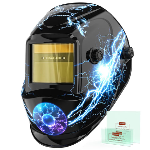 YesWelder auto-darkening helmet with blue light blocking outer lens protects eyes during long welding sessions
