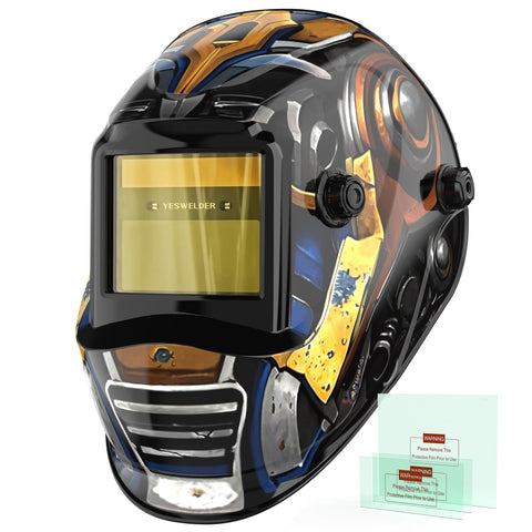 YESWELDER Auto Darkening Helmet with blue light blocking lens protects eyes during welding.