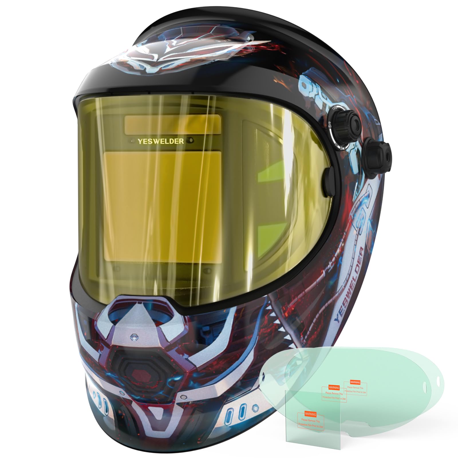 YESWELDER auto darkening helmet side view enhances welding visibility and control.
