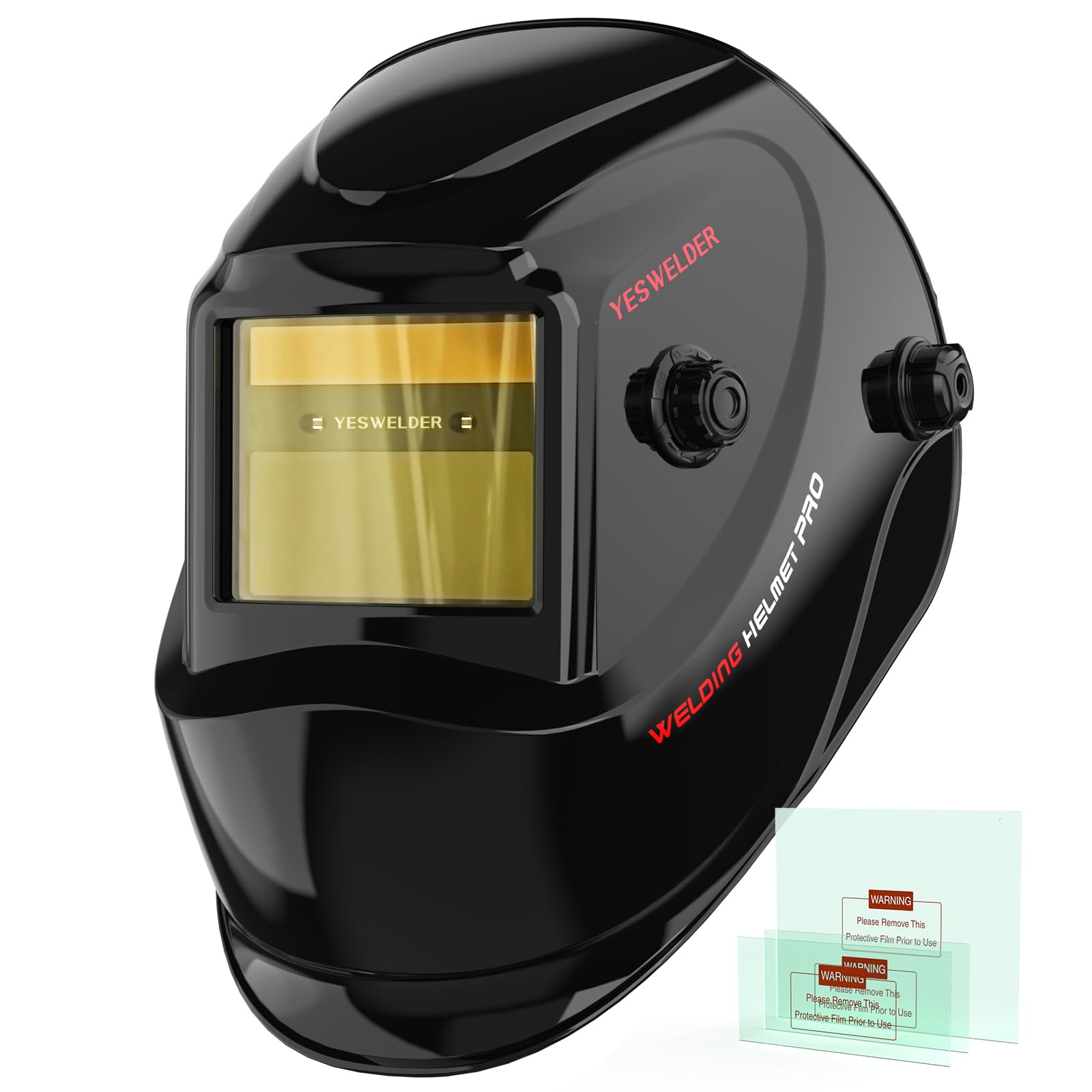 YESWELDER auto darkening helmet with blue light blocking outer lens for safer long welding sessions.