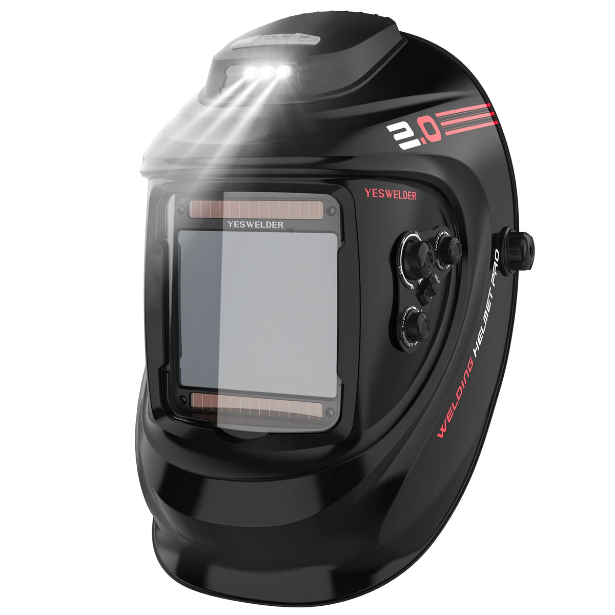 YESWELDER auto darkening helmet front view with wide viewport for clear welding visibility