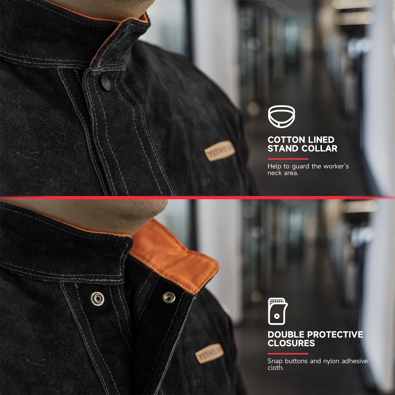 YesWelder black leather welding jacket back view highlights durable leather and reinforced seams.