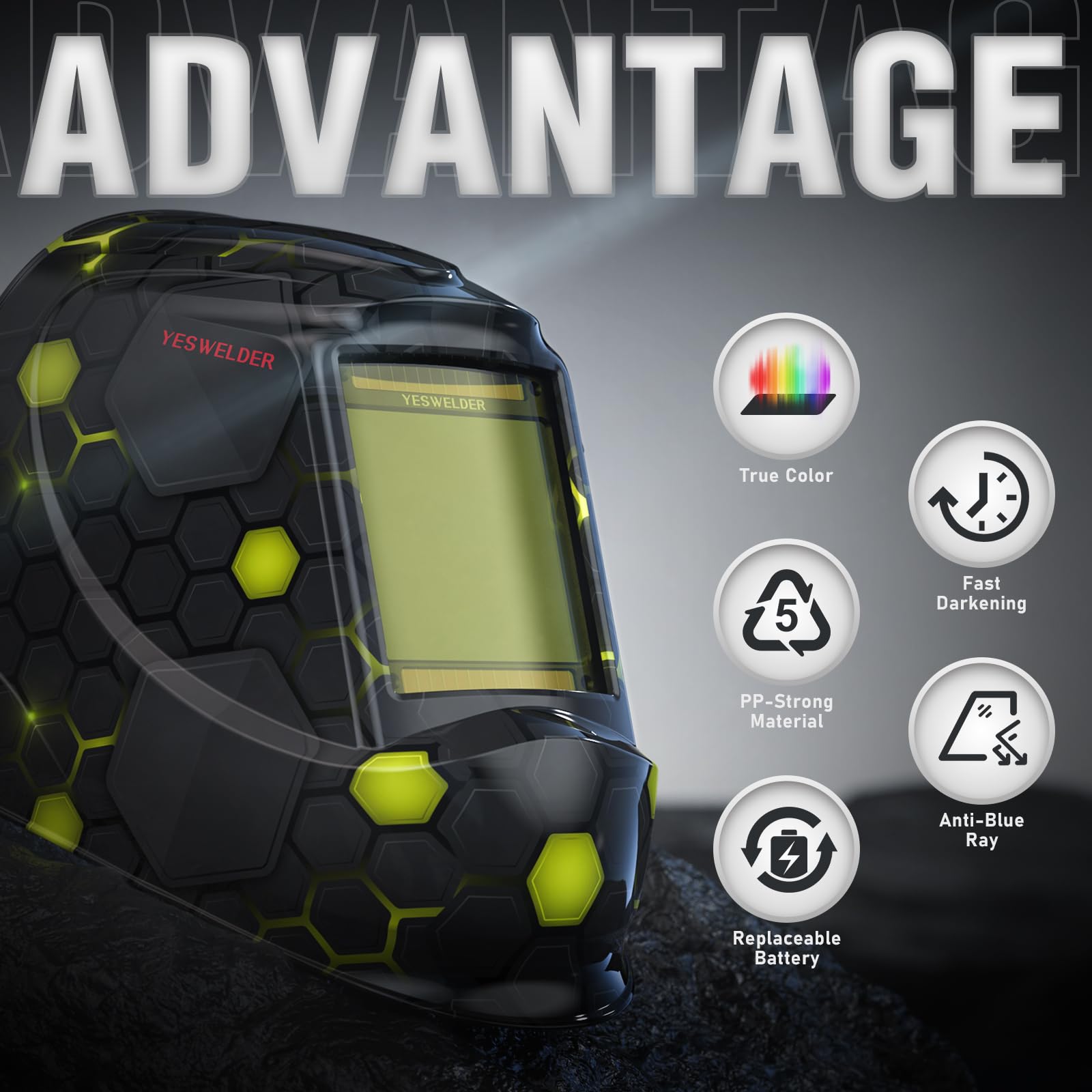 YESWELDER blue light blocking lens protects eyes during long welds.