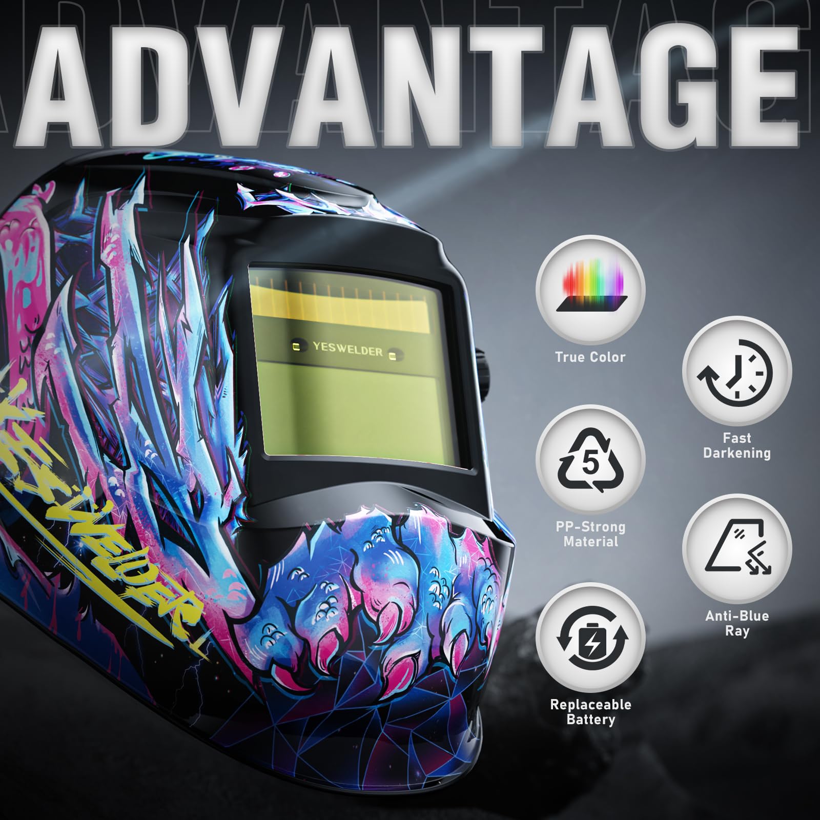 YESWELDER blue light blocking outer lens protects eyes during extended welds.