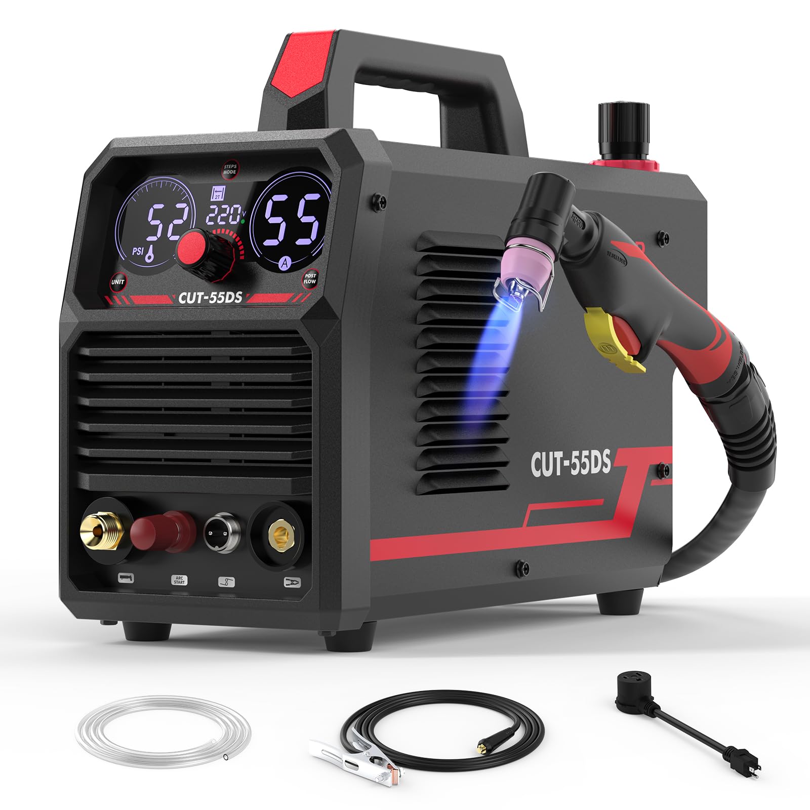 YESWELDER CUT-55DS plasma cutter front view with dual voltage display