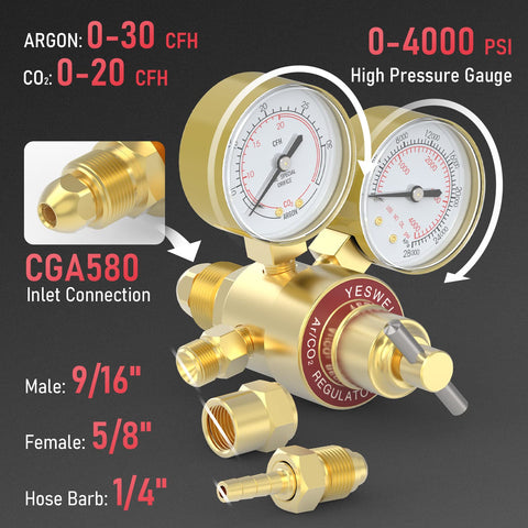 YesWelder regulator with dual gauges visible for quick readings
