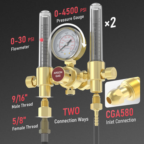 YESWELDER dual-output flow meter shows MIG and TIG connections