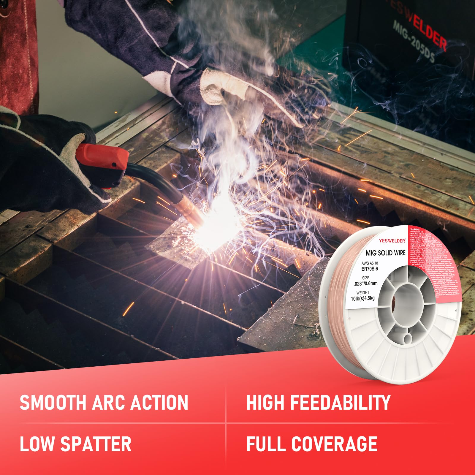 YESWELDER ER70S-6 MIG wire 0.023 in diameter on spool supports compact welding projects.