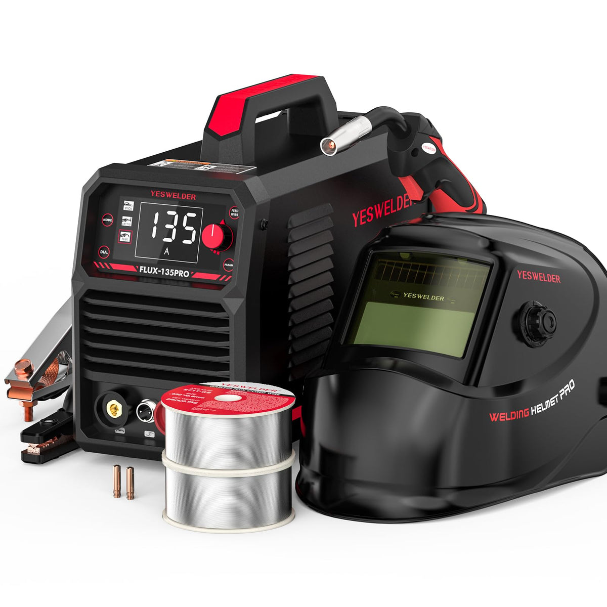 YesWelder Flux-135PRO front panel highlights compact, portable welding power for versatile projects.