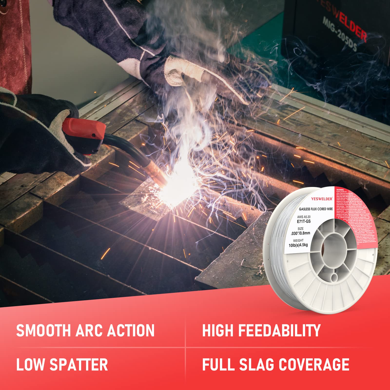 YESWELDER flux core wire arc stabilization aiding smooth bead formation.