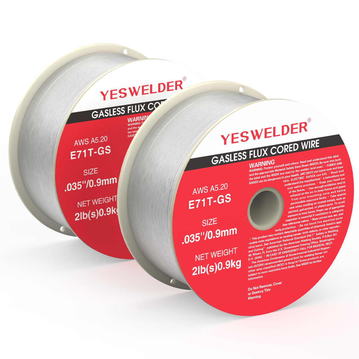 YESWELDER flux core wire spool closeup on rugged ABS packaging