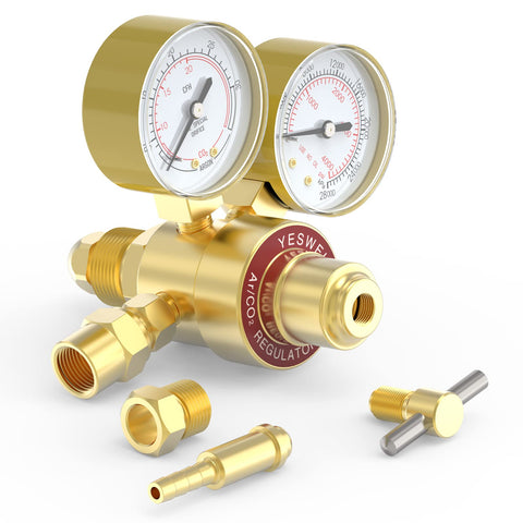 YesWelder in-use setup showing regulator at MIG/TIG station
