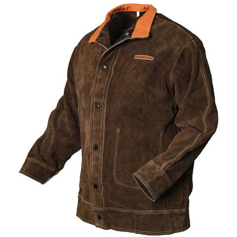 YesWelder leather welding jacket close-up shoulder showing flame resistance for hot work